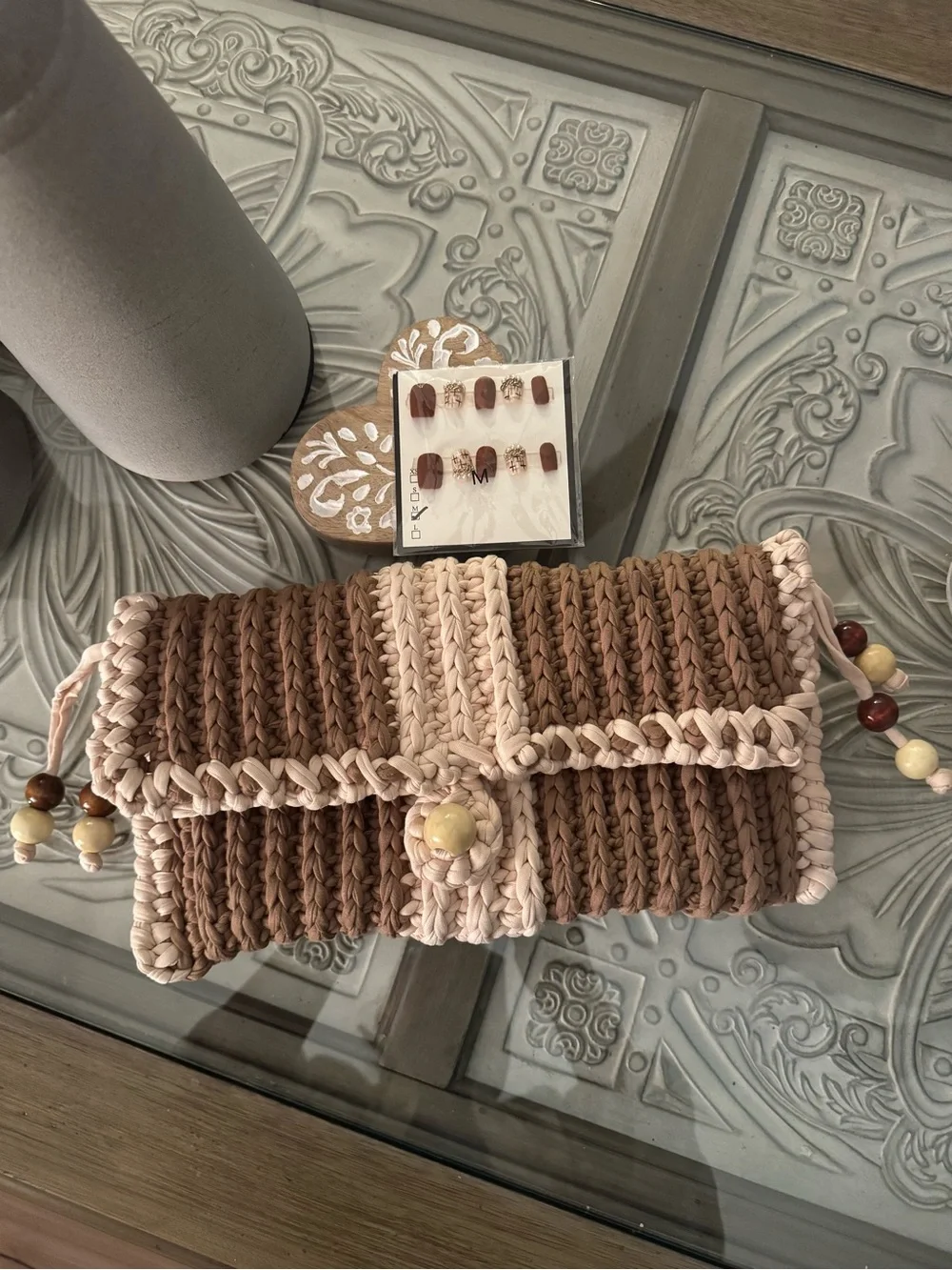 Bonita Bolso Handmade Crocheted Foldover Clutch - Beige and Brown by Yvonne